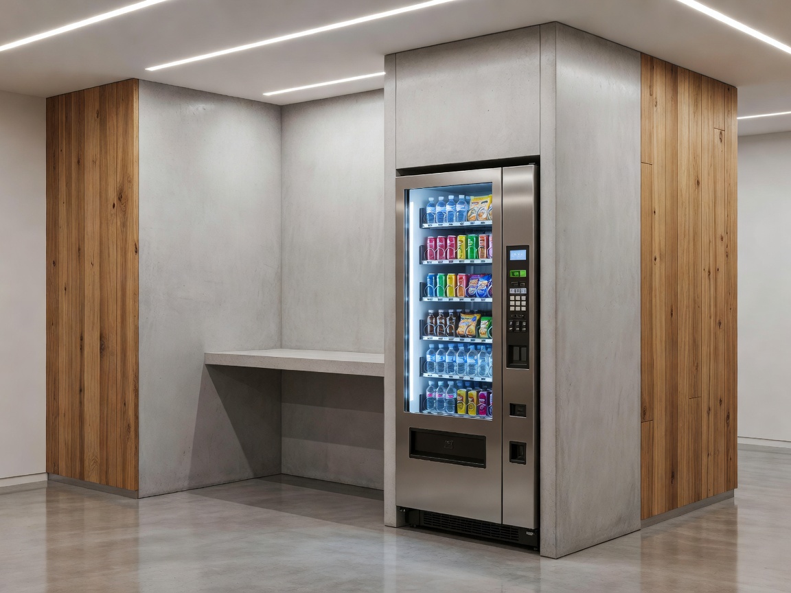 A modern sleek vending machine installed flush against a clean industrial timber and concrete workplace refreshment break alcove