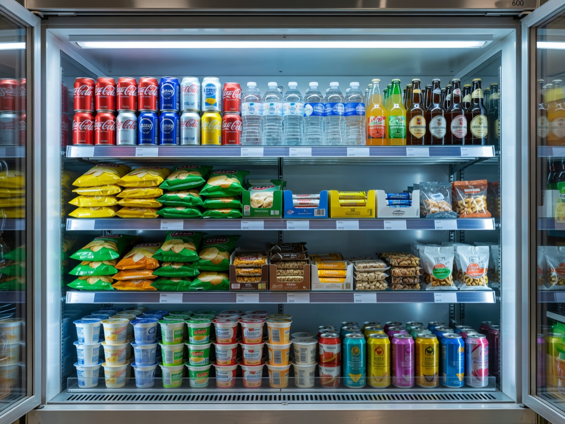 Cleanly stacked shelves within a refrigerated beverage and snack dispenser ready for daily traffic