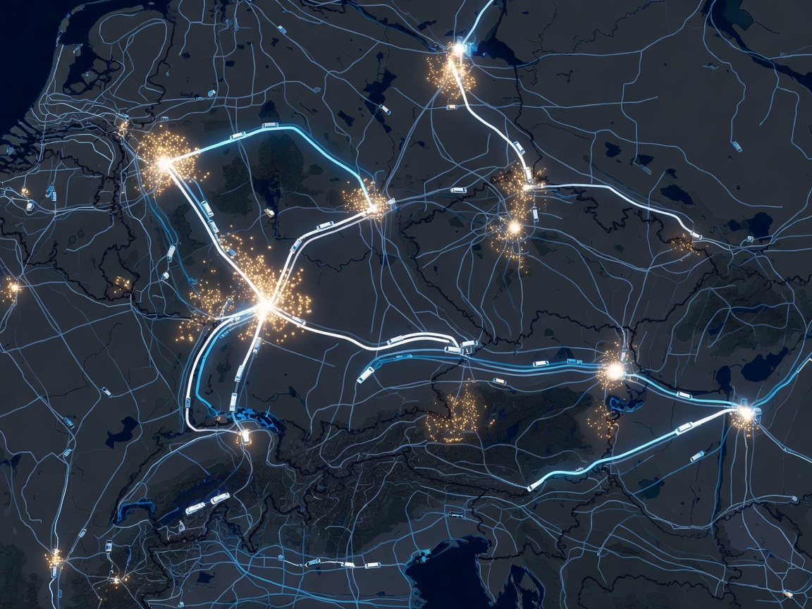 Digital map display visualizing logistics clusters and service van itineraries across central European territories