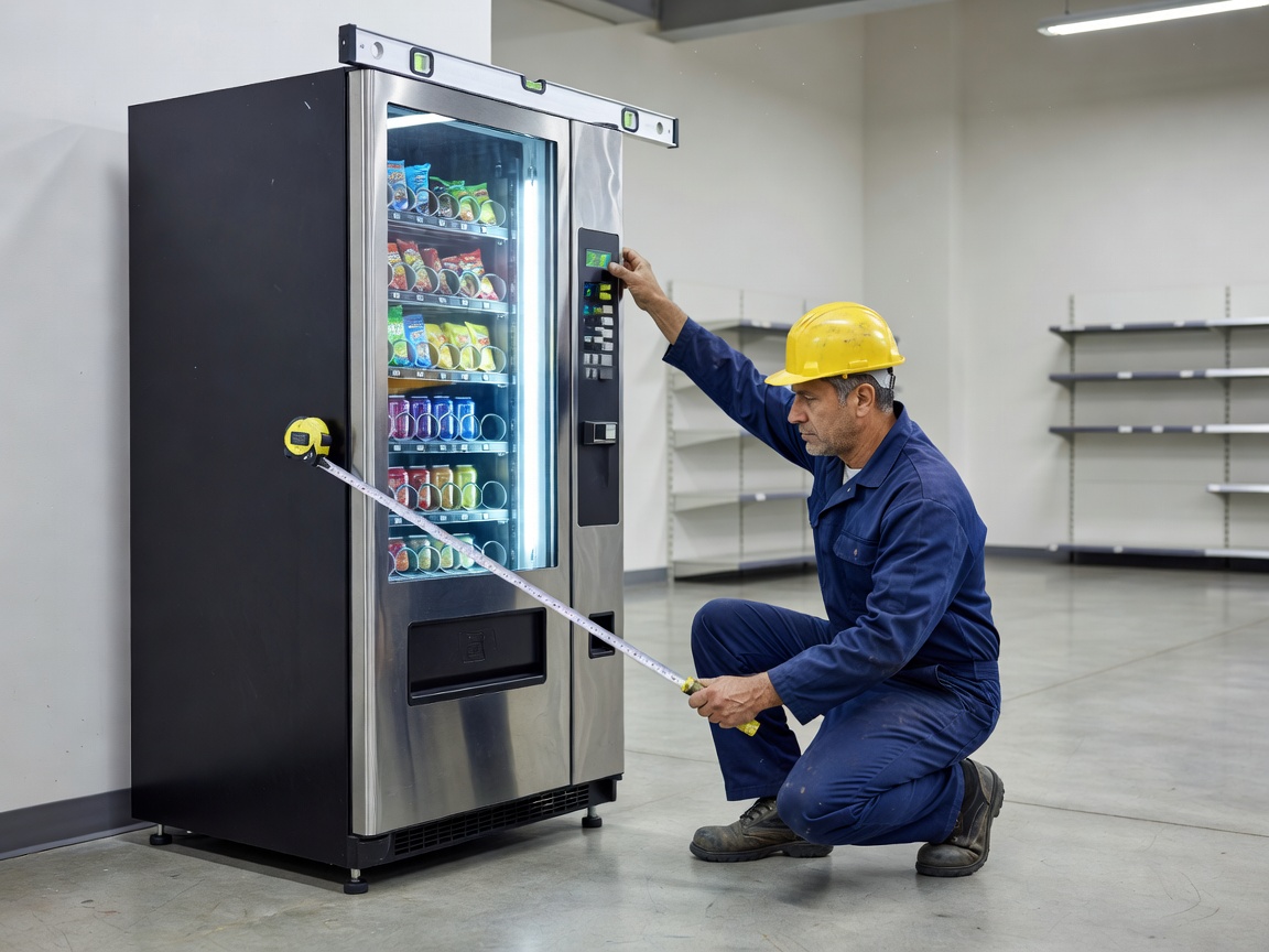 Field engineer checking dimensional clearance and spirit-level stability during a commercial vending installation