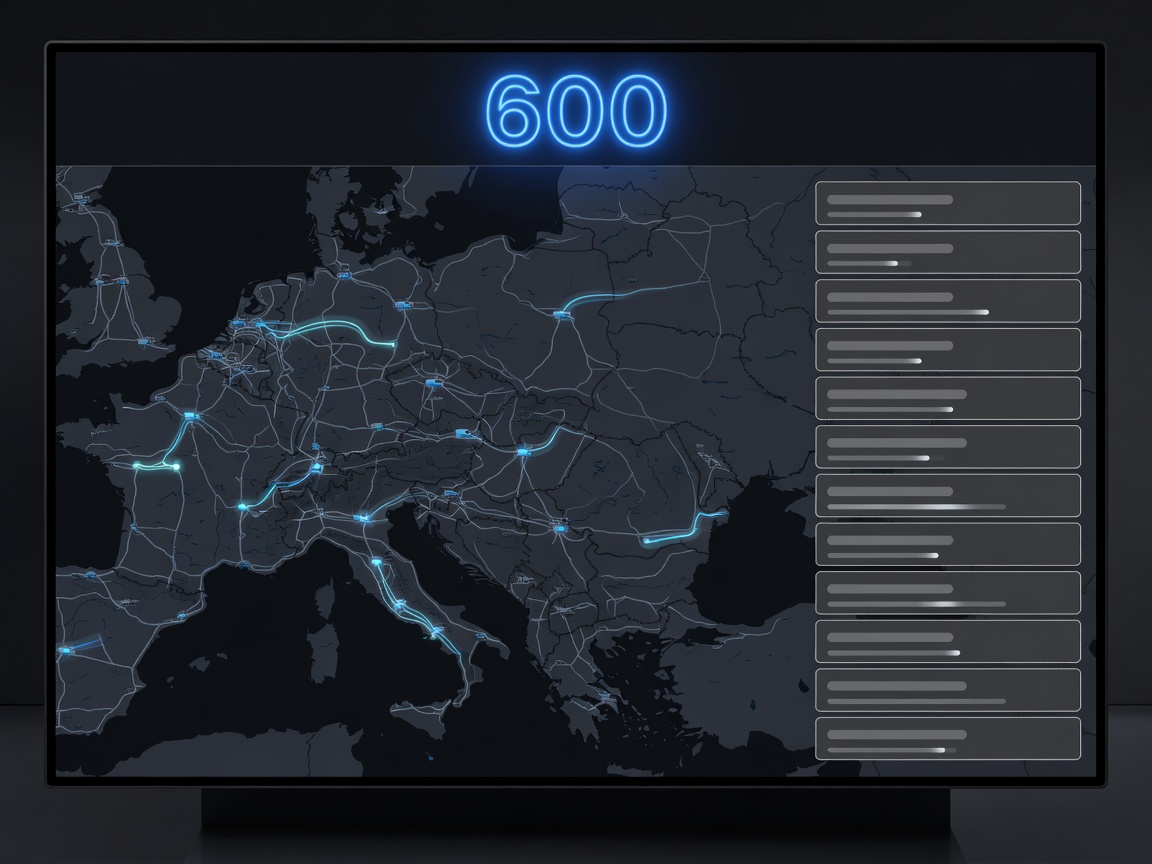 Fleet management console showing European highway networks, service van trajectories, and route schedule blocks