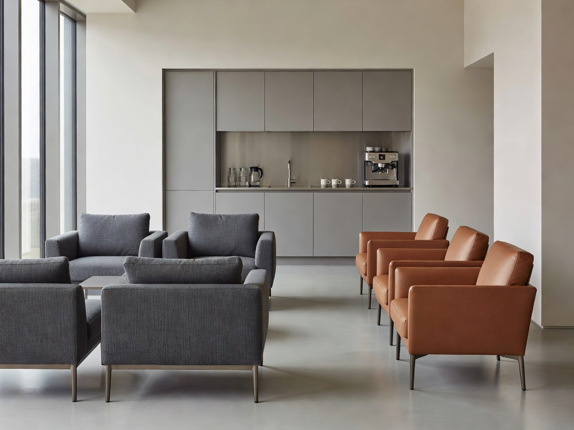 Modern corporate lounge space with comfortable seating and an unobtrusive integrated refreshment station