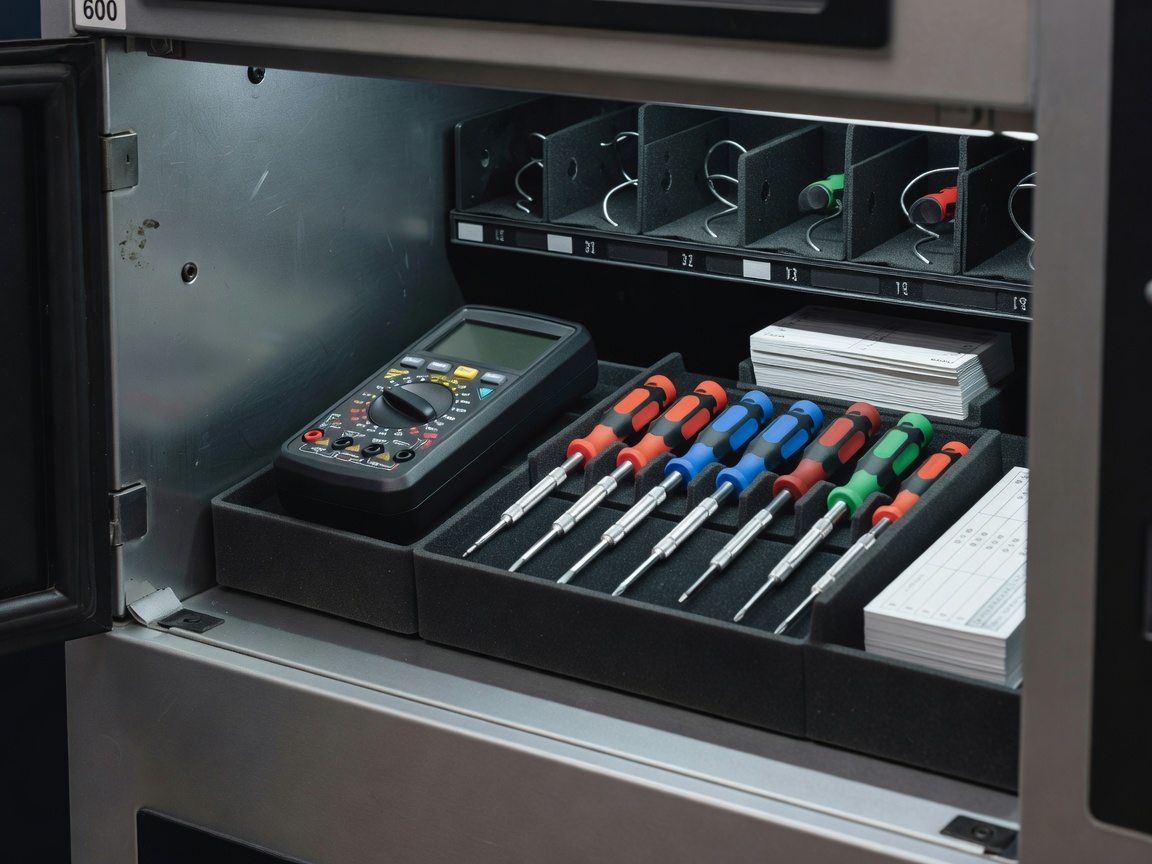 Organized service technician tool kit with digital multimeter, precision screwdrivers, and calibration cards inside an open vending machine
