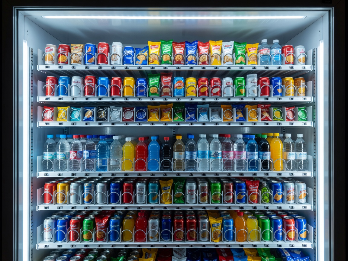 Precisely arranged shelves in a refrigerated vending machine showing uniform facing and clean spiral spacing
