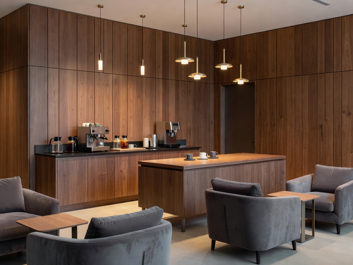 Sophisticated workplace coffee and refreshment hub with timber slat paneling, ambient pendant lighting, and comfortable seating