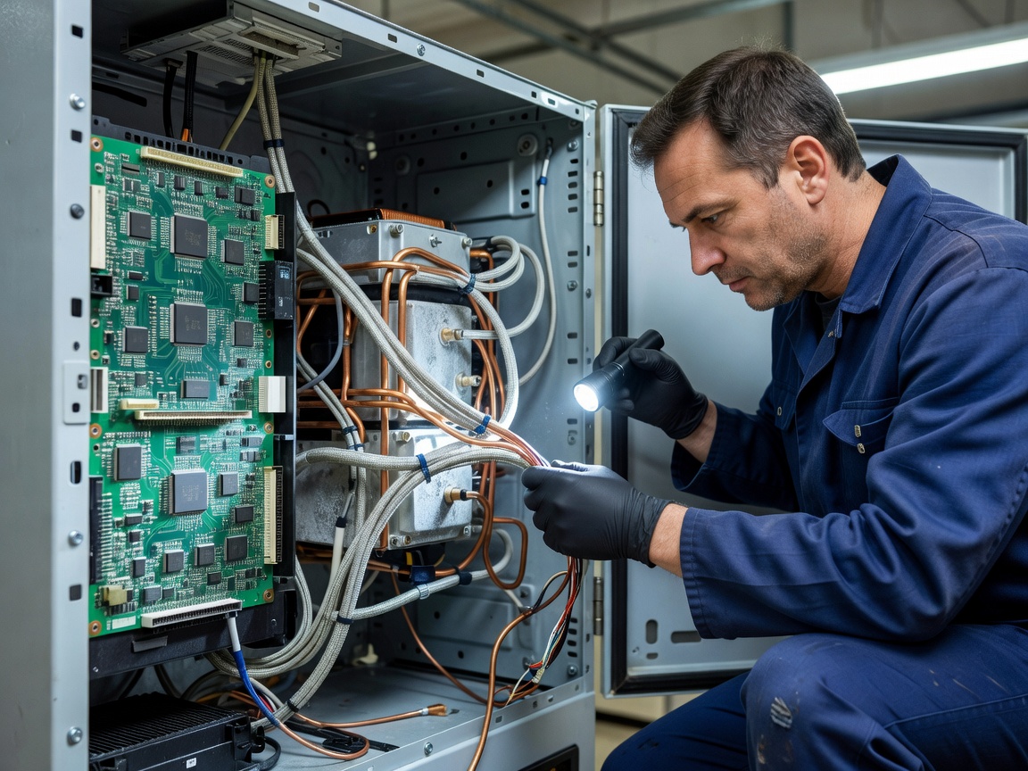 Specialist inspecting electronic payment boards and refrigeration lines within an open vending chassis