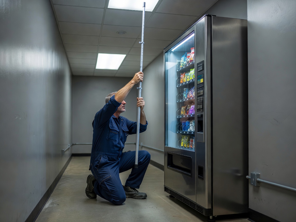Technical field technician measuring corridor clearance for a tall glass-fronted vending machine installation